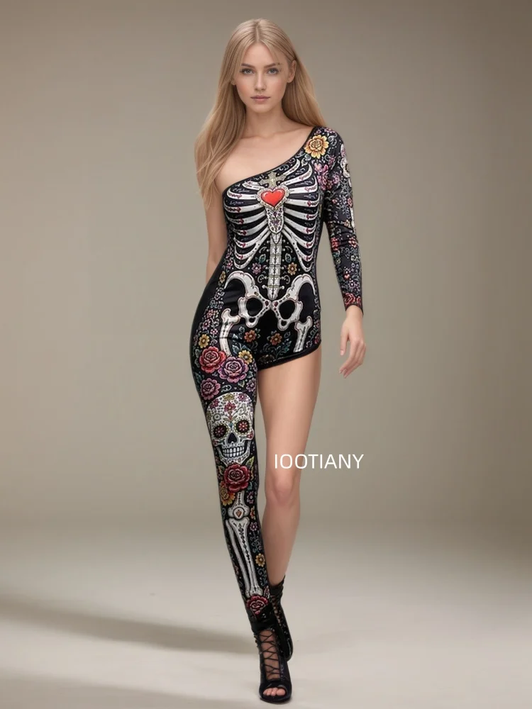 Gotischer Halloween-Skelett-Print-Bodysuit für Damen, One-Shoulder, einlanger Ärmel, asymmetrischer, enger Jumpsuit, Bühnen-Rave-Outfit – Detail 2