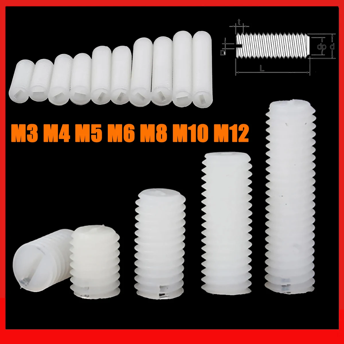 M3 M4 M5 M6 M8 M10 M12 White Nylon Plastic Insulated No Head Headless Grub Bolt Slotted Flat End Point Set Screw Length 4-50mm