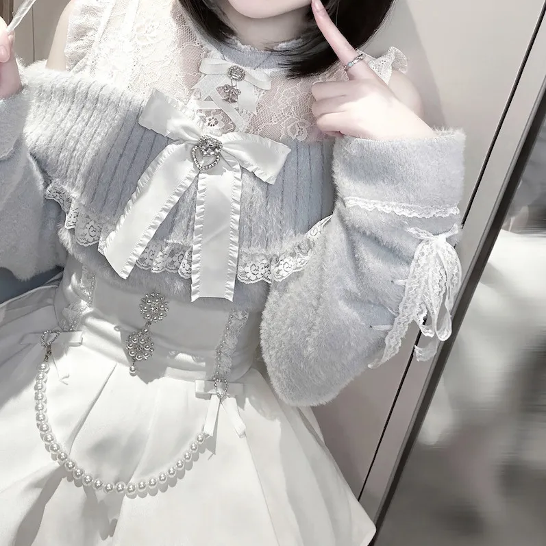 Sweet Gothic Lolita Mesh Lace Mock Neck Cold Shoulder Fuzzy Knit Top Big Satin Bow Pullover Jumper
