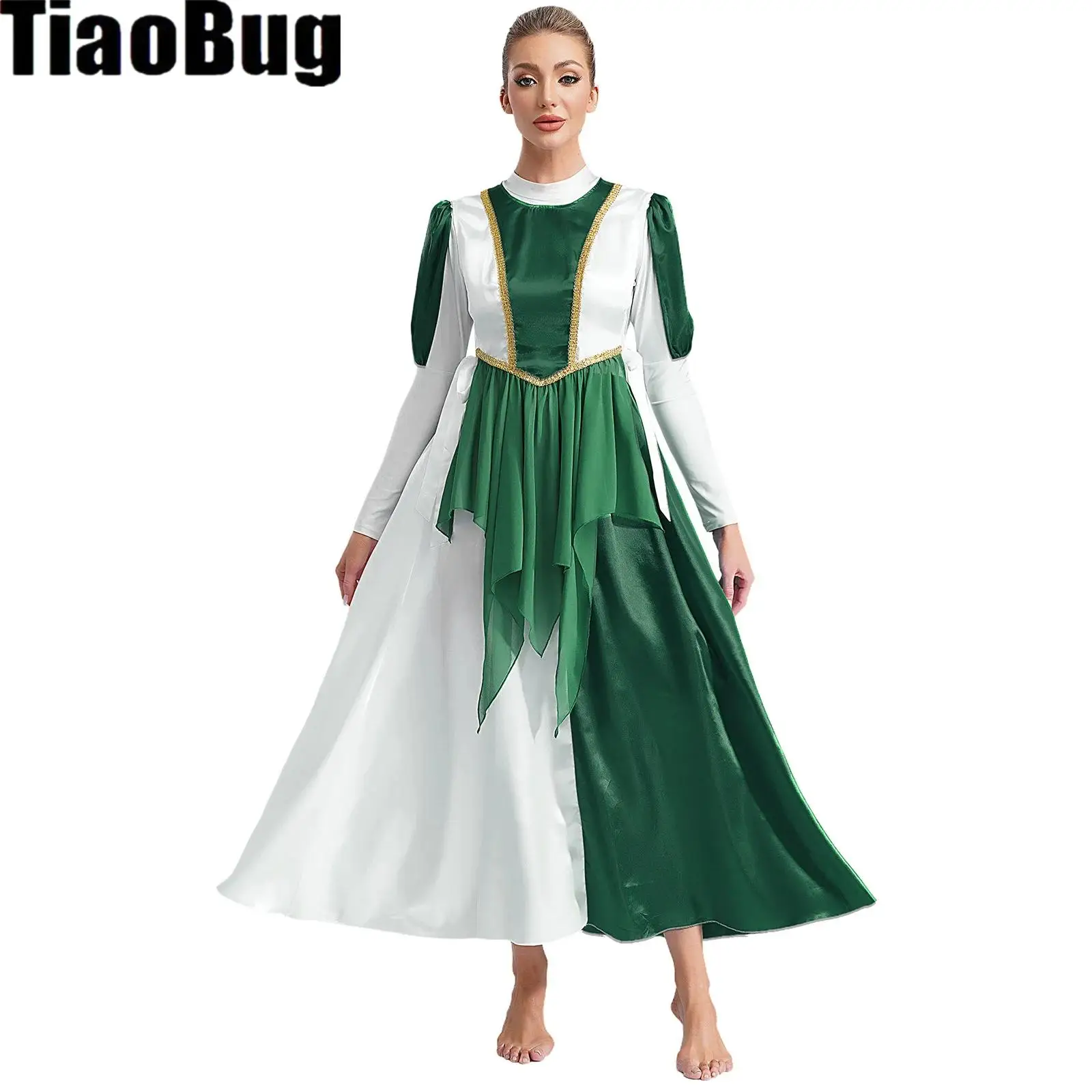 

Women Liturgical Dance Sets Color Block Worship Dancewear Mock Neck Long Sleeve Dress with Sides Split Lace-up Irregular Tunic