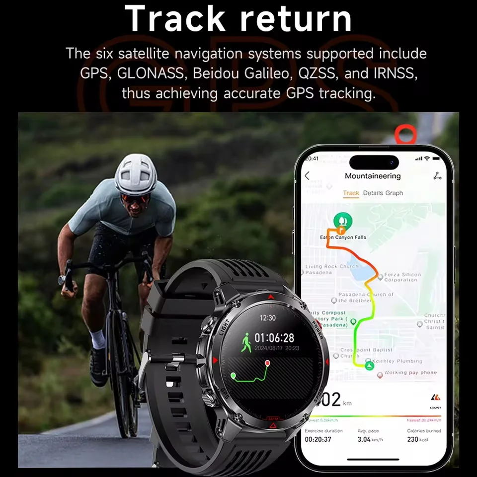 Militaire Outdoor GPS Positionering Smart Watch Heren HD AMOLED Scherm Kompas Hoogtemeter LED Zaklamp 3ATM Waterdicht HD Oproephorloge