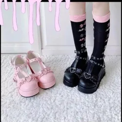 New Brand Girls Platform Wedges with Pink Heart-shaped Buckle Kawaii Lolita Japanese Shoes for Women Shoes Heels Platform Shoes