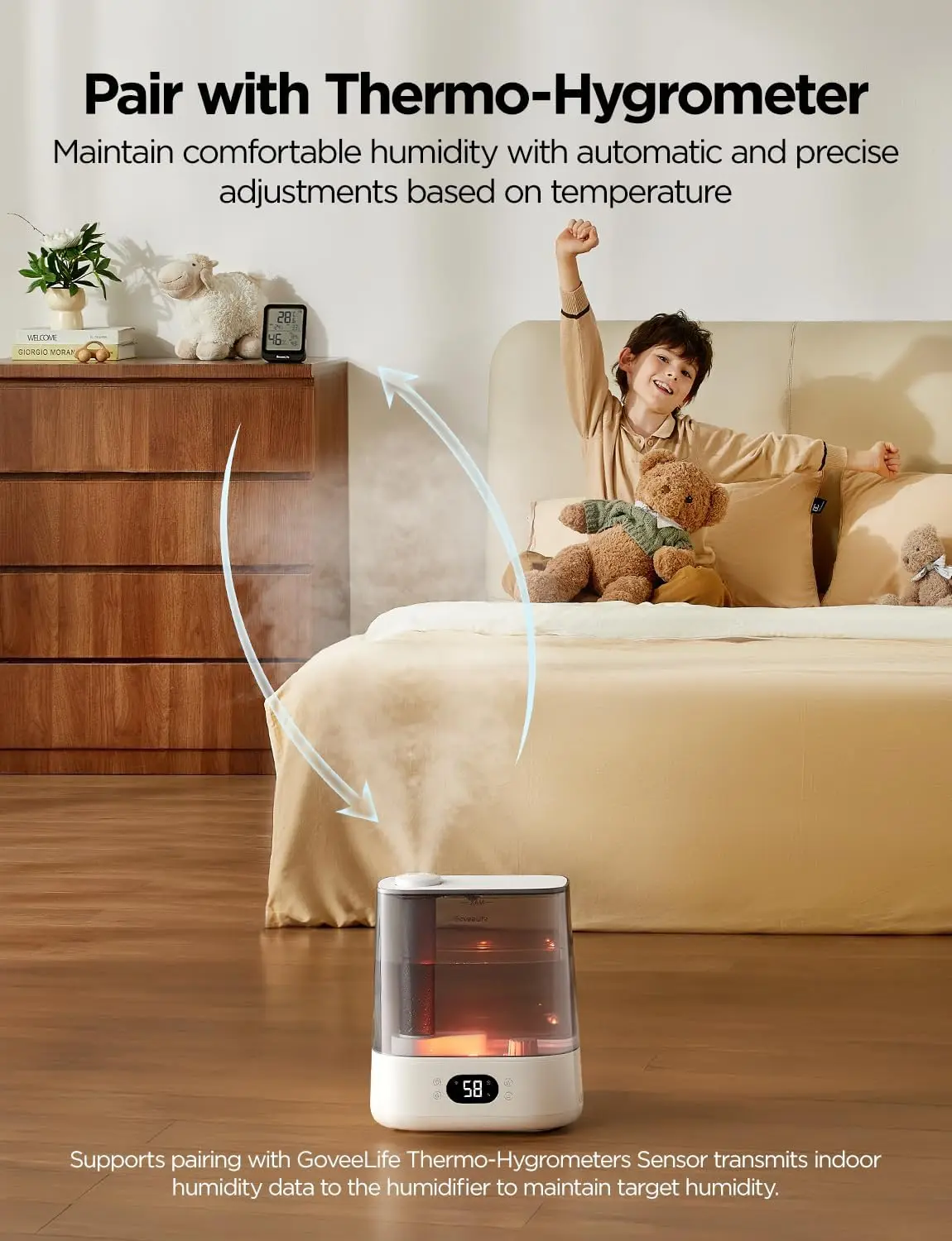 Smart Humidifiers for Bedroom, 6L Cool Mist Top Fill for Large Room, Humidity Sensor, Auto Mode