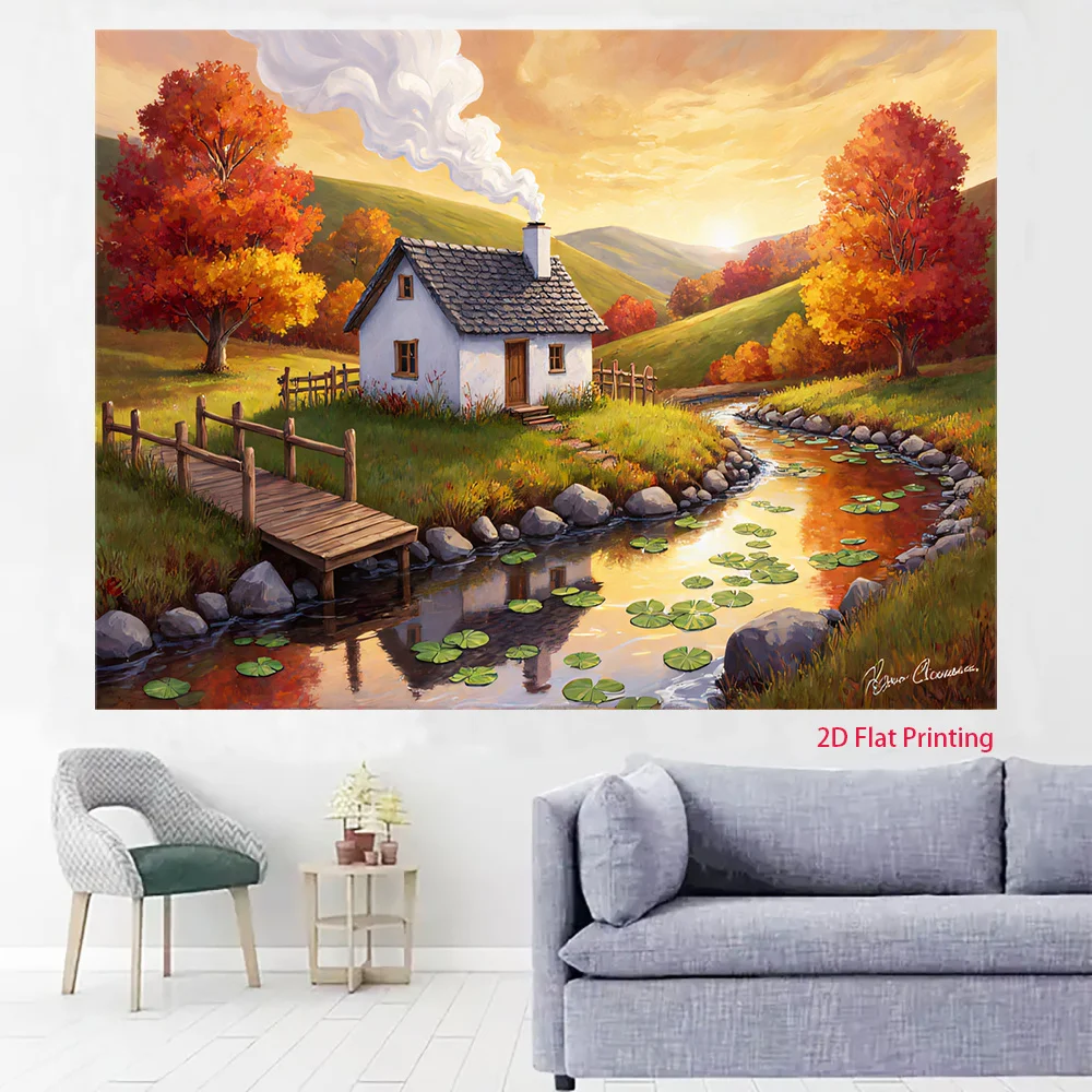 Autumn Cottage River Tapestry 2D Flat Wall Hanging Red Tree Landscape Decor for Living RoomBedroom Oil Painting Art FabricPoster