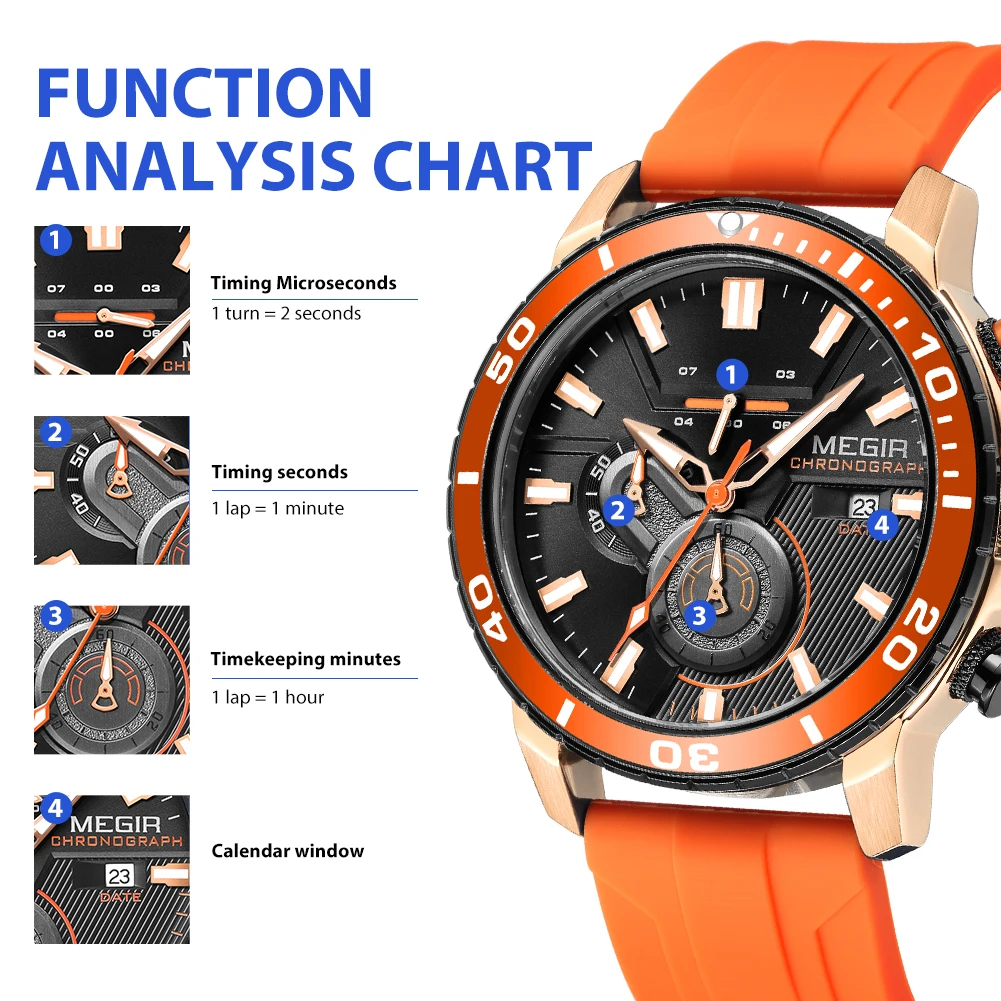 MEGIR New Chronograph Luxury Quartz Military Watch for Men Silicone Calendar Waterproof Wristwatch Clock Relogio Masculino 2224