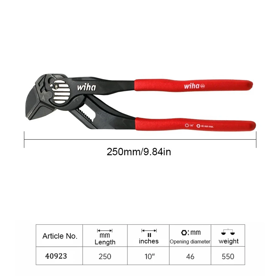 WIHA 40923 10-inch Classic Adjustable Water Pump Pliers 250mm Pliers Wrench Black Forest Series Pipe Plier for Gripping Plumbing