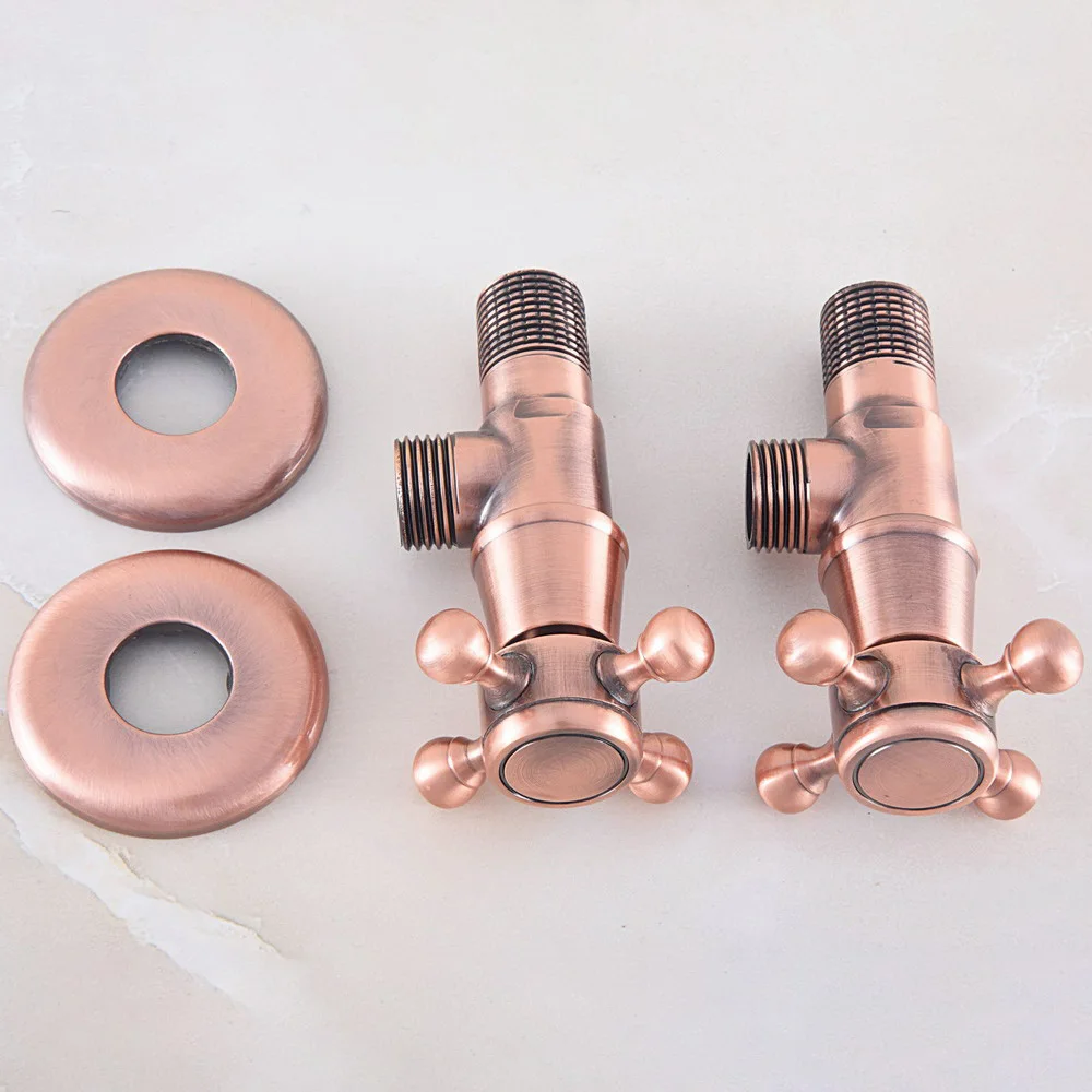 2Pcs Antique Red Copper Brass Cross Handles Bathroom Angle Stop Valve 1/2