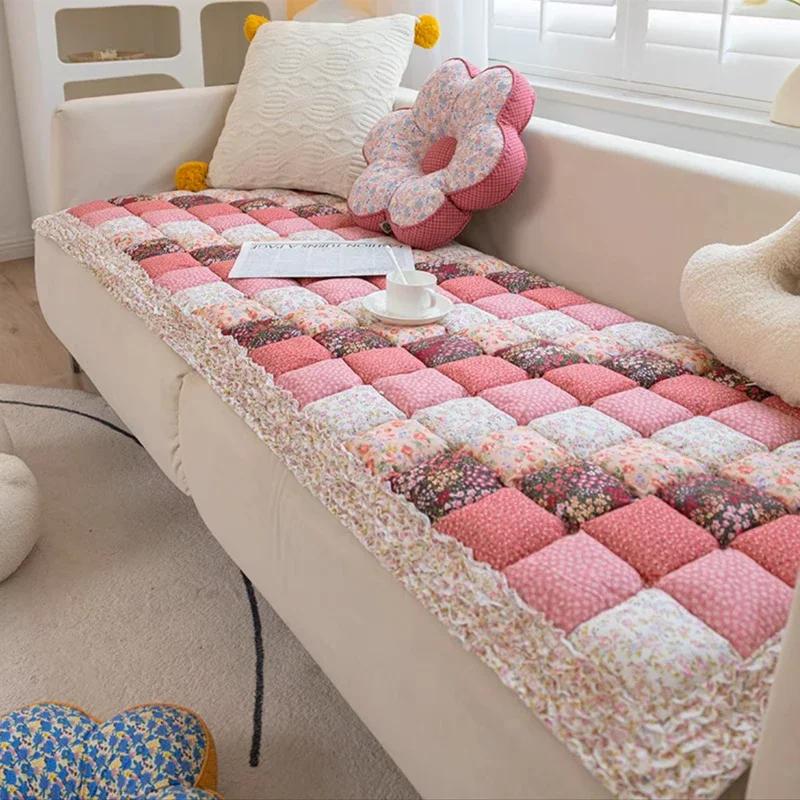 Rose Patchwork Pink Checkered Cotton Protective Sofa Cover, Non-Slip, Thickened for Home Living Room Sofa, Pet Sofa Cushion