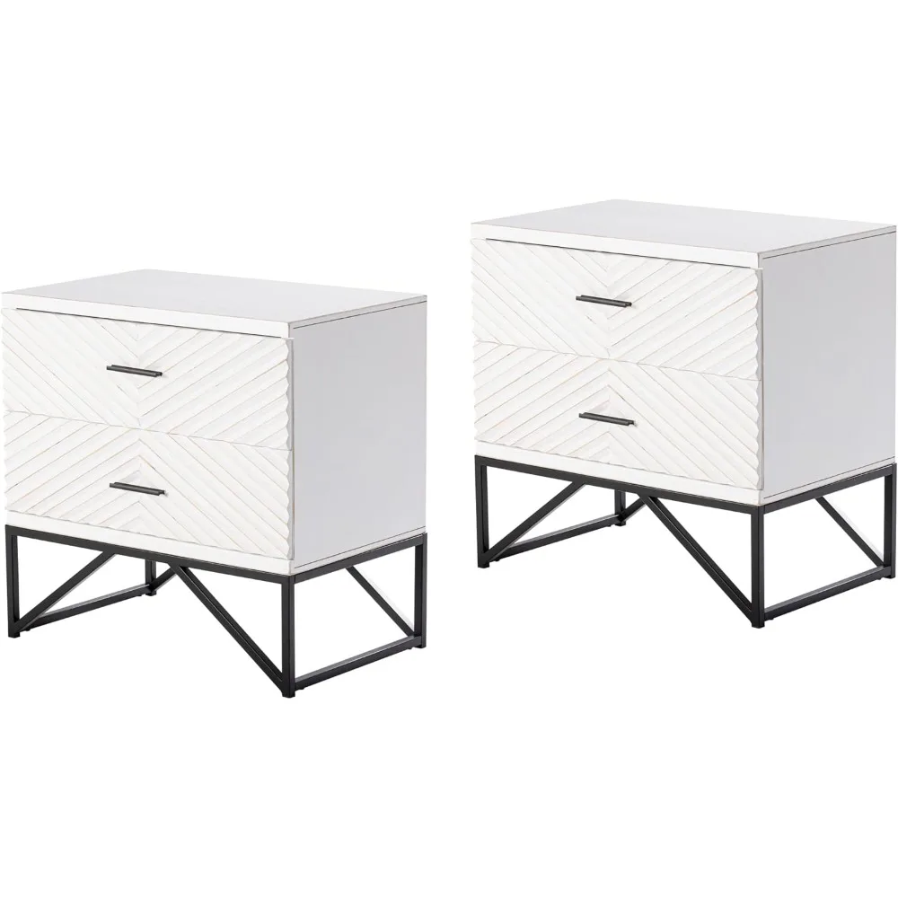 Bedside Table.Set of 2Modern 2-Drawer Nightstand, Contemporary Line Accent End Side Table with Black Metal Base,Distressed White