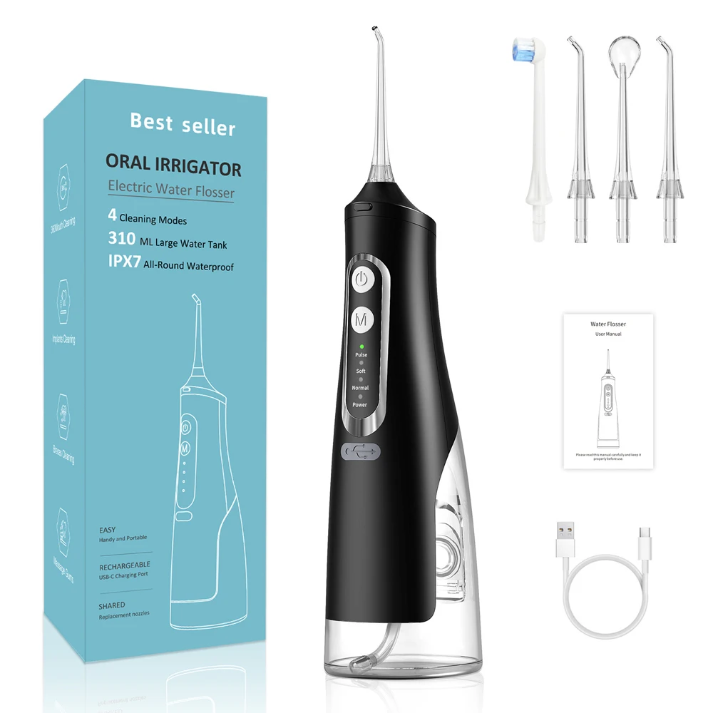 

Oral Irrigator Water Flosser Rechargeable Portable Dental Water Jet Floss 310ML Teeth Cleaner IPX7 Waterproof Tooth Pick 4 Tips