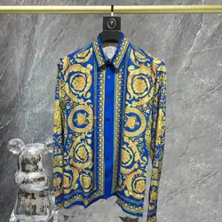 2024 Spring Summer Position Long-sleeved Shirt Baroque Shirt Men High Quality Blue Digital Print Shirt Camisa Social Masculina