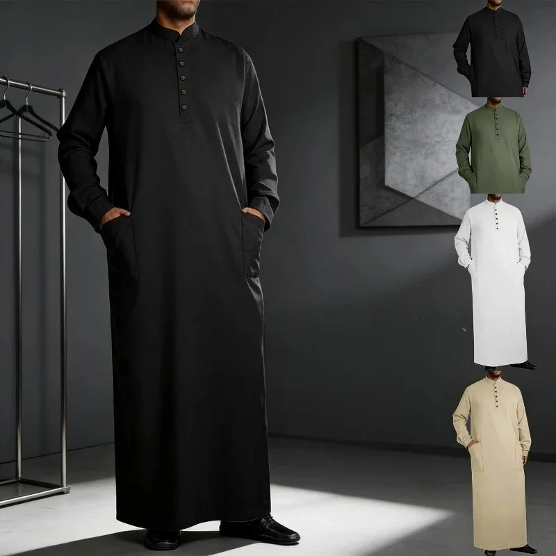 

Arabic Thobe for Men Long Stand Collar Button Down Robe Islamic Muslim Jubba Casual Wear