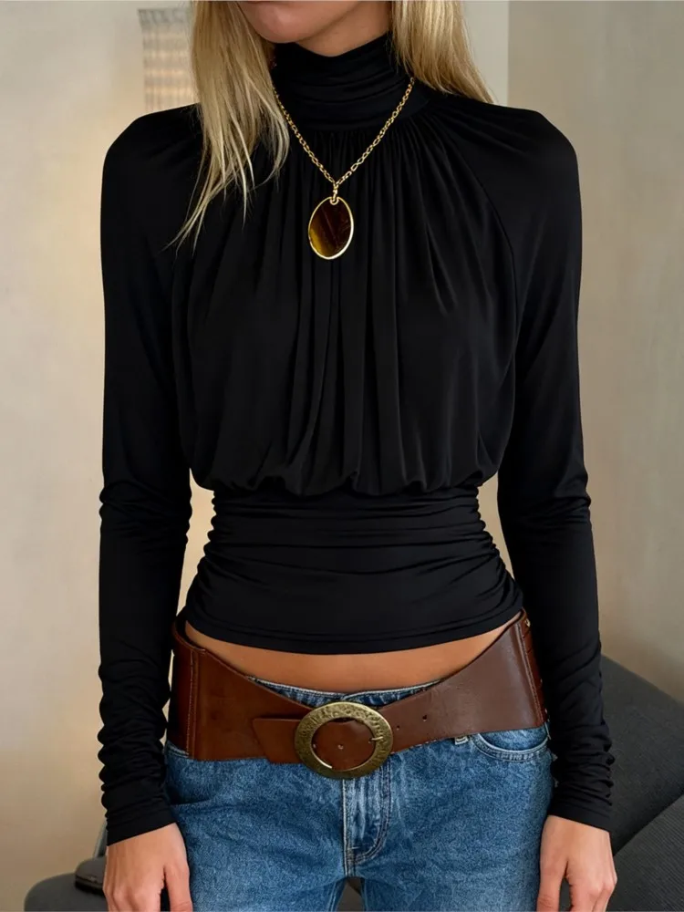 

Women's Clothing Solid Color Long-sleeved T-shirt High Neck Top Fashion Blusas Elegant All-match Slim Temperament Trendy Casual