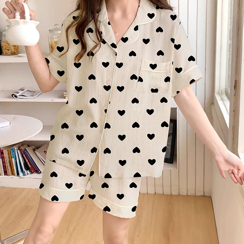 Korean Ins Black Heart-shaped Print Women\'s Pajamas Cloud Cotton Kawaii Cute Summer Y2k Sleepwear Vitality Youth Fashion Lounges