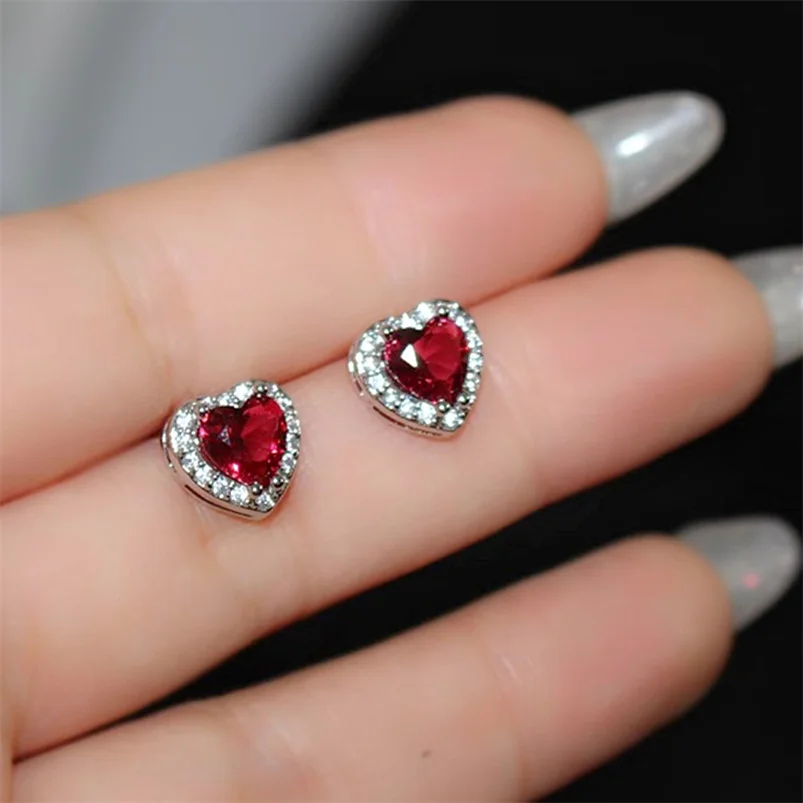 CC Heart Stud Earrings for Women Girl 7*7mm Red Zirconia Wedding Engagement Jewelry Fashion Accessories Drop Shipping CCE663