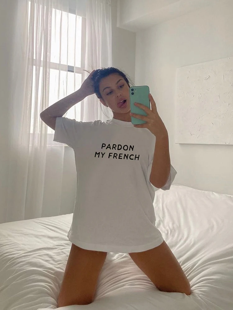 Pardon My French Letter Womens T-Shirts Personality Trend Casual Tee Clothing All-math Hip Hop Tops Female Cotton Short Sleeve