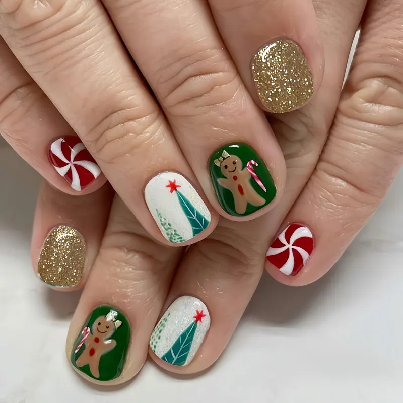 24Pcs【Not 3D】Christmas Santa Claus Gingerbread Man Cute Press On Nails Fake Nail Santa Claus Cartoon Snowflake Fairy Tale Nails