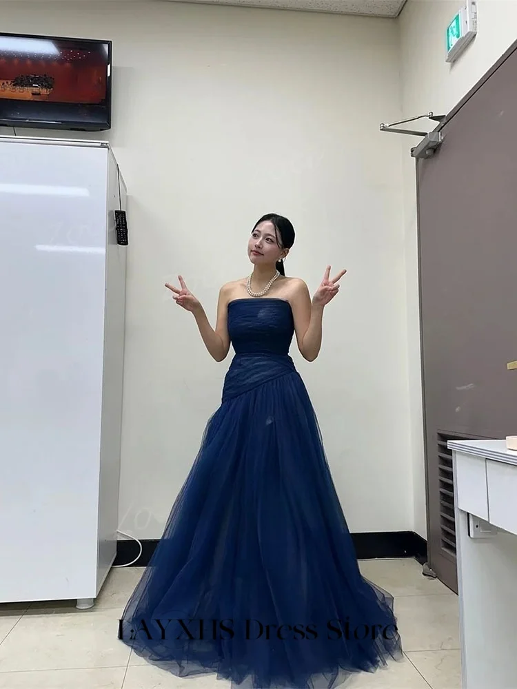 

LAYXHS Elegant Evening Dresses Navy Blue Strapless A-Line Tulle Pleat Prom Dresses Customized robes de soirée