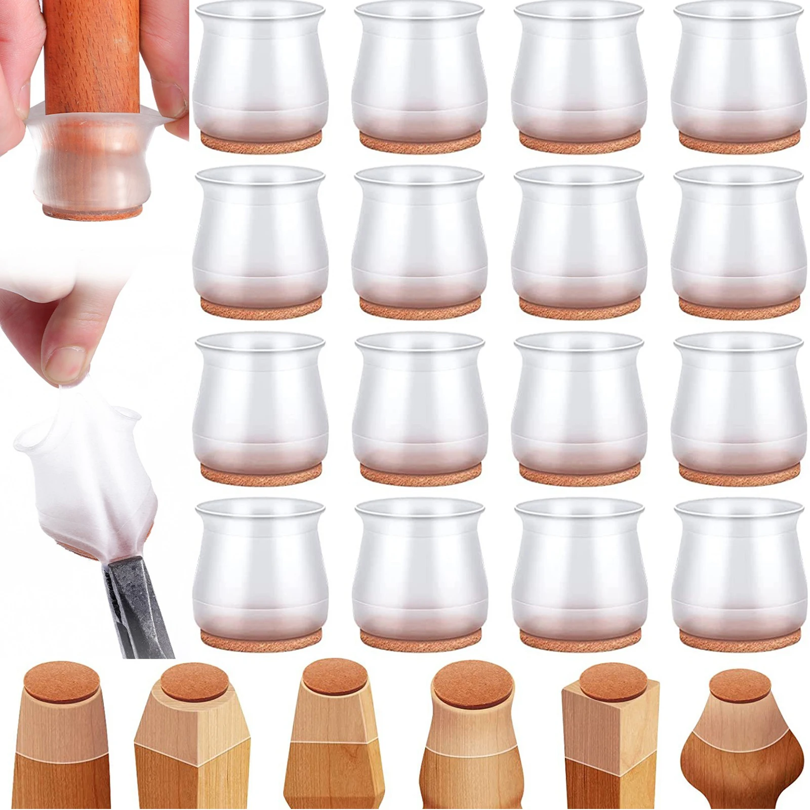 16pcs Silicone Chair Leg Floor Protectors, Transparent Round Chair Leg Covers ,Silicone Felt Covers for Noise & Scratch Reductio