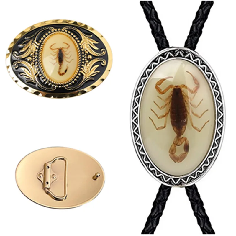 Two sets of natural stone scorpion bolo ties with belt buckles - fashionable men's and women's accessories