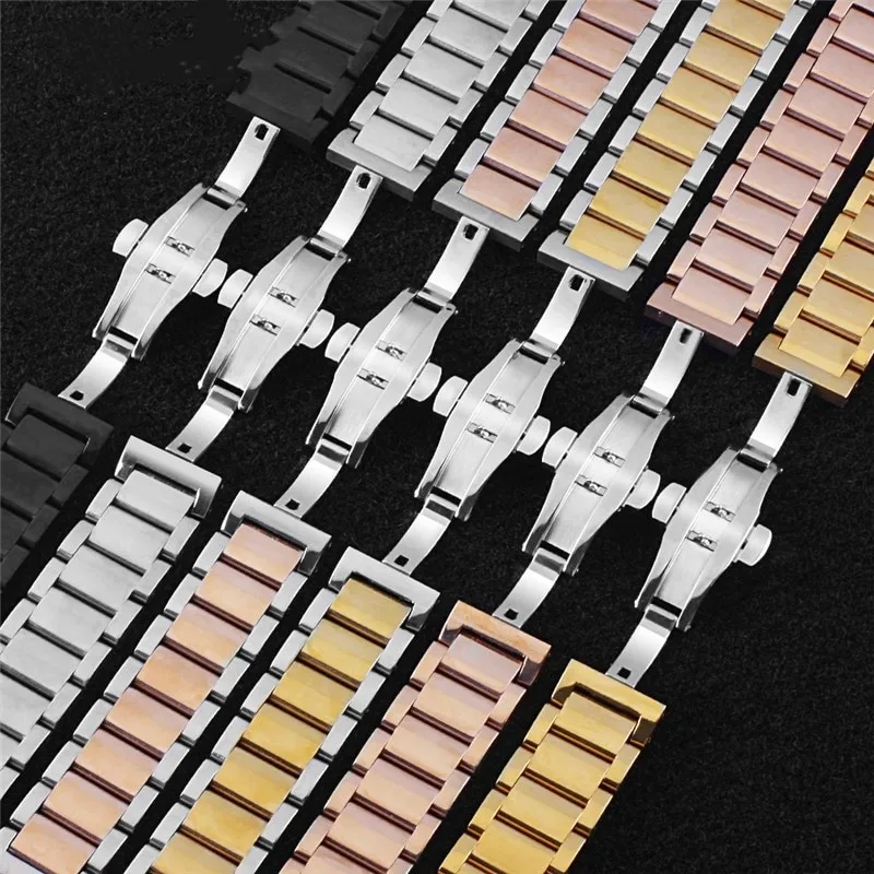 16 18 20 21 22 23 24mm Width Three Bead Solid Full Stainless Steel Watch Strap Straight End Watch Band Accessories with Tool