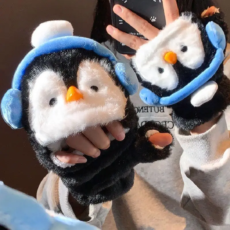 Cartoon Penguin Plush Flip Mittens Thick Faux Fur Touchscreen Warm Winter Gloves For Girls Teens Outdoor Daily Gift