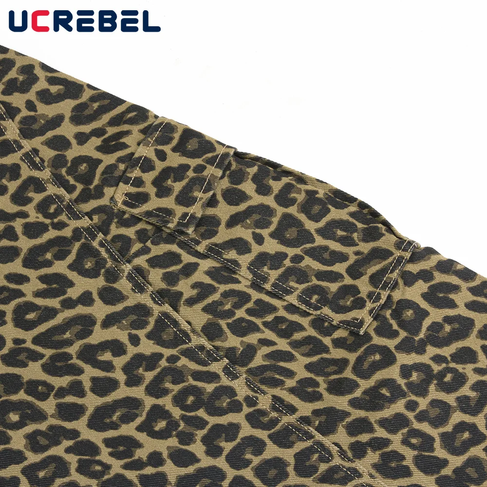 ليوبارد طباعة البضائع السراويل الرجال تقسم متعددة جيب الرجعية شارع العليا فضفاض مستقيم واسعة الساق بنطلون رجل #5