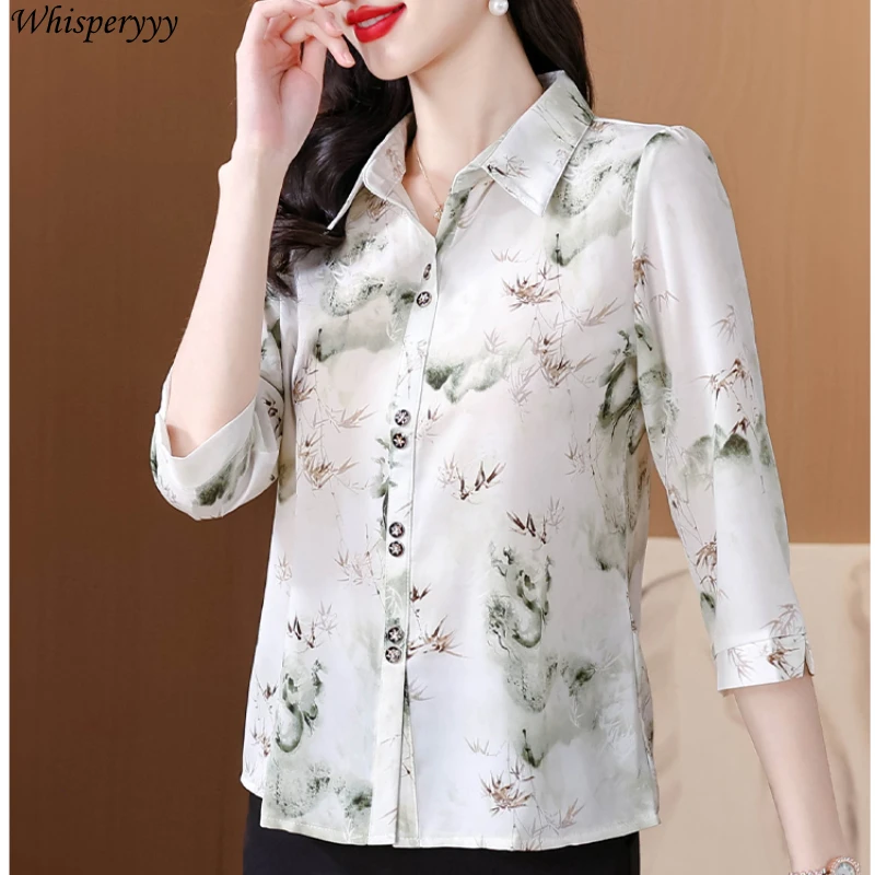 Fashion Chiffon Shirt Women Thin Loose Three Quarter Sleeve Printed Tops Casual Single-breasted Turn-down Collar Blouse Femme