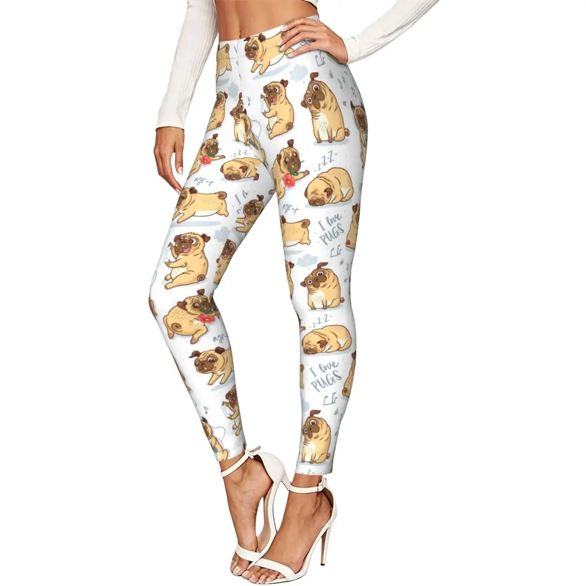 Ladies Elastic Waist Skinny Leggings Pug Dogs Trousers For Daily Outdoor