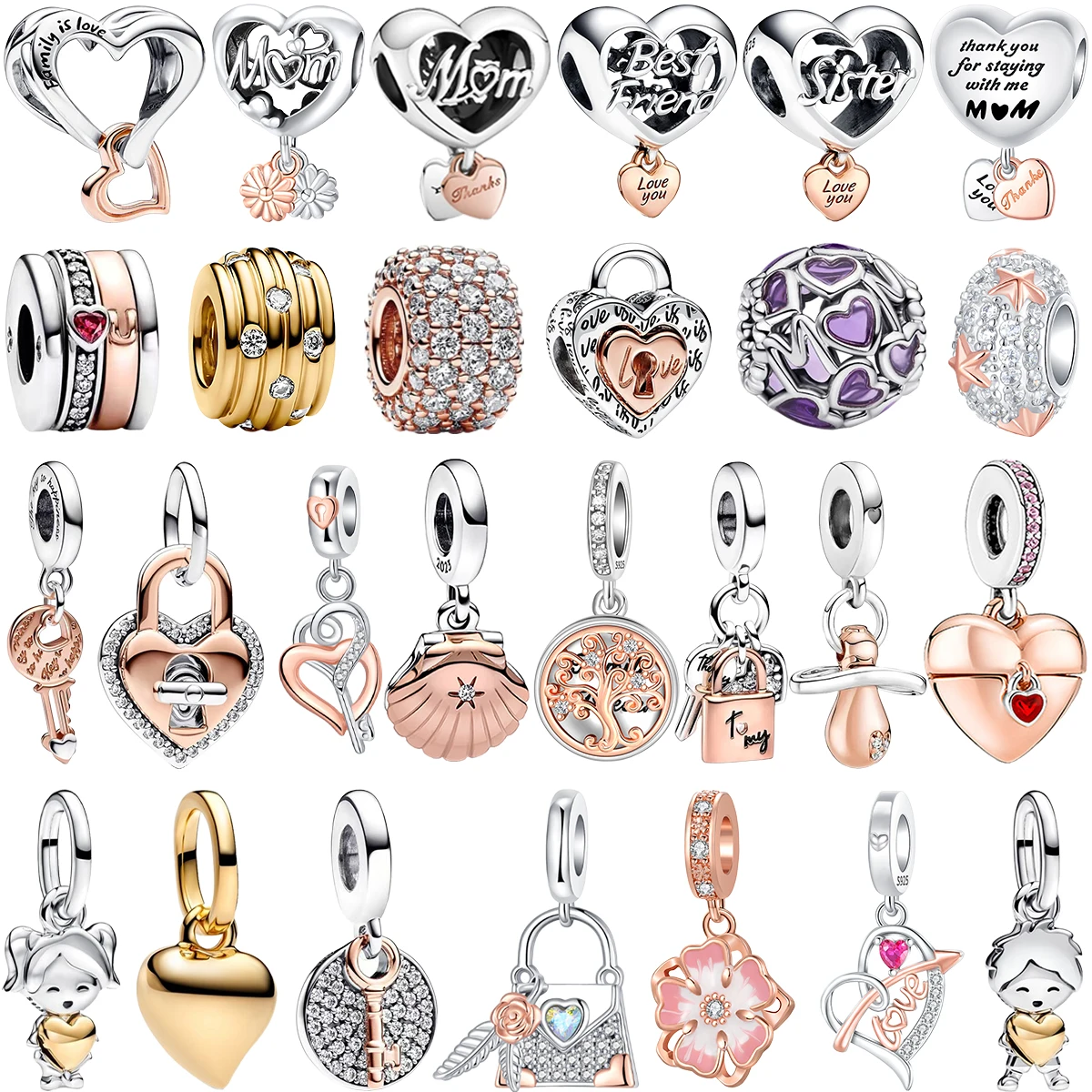 Original 925 Sterling Silver Colorful Charms Snowflake Heart Lock key Earrings Beads For Necklace DIY Bracelet Present Jewellery