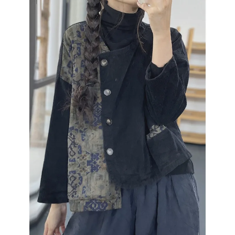 ريترو طباعة اللون بلو سروال قصير ort القطن Jaet المرأة الخريف الشتاء حجم كبير ثي الدافئة غير النظامية ملابس خارجية العصرية #3