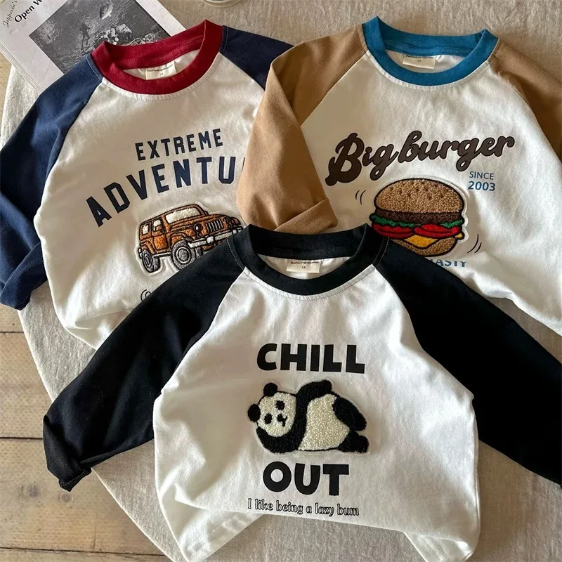 

2025 Fall New Children's Long-Sleeved T-Shirt Cartoon Embroidered Top Color-Blocking Ralan Sleeve Base Layer