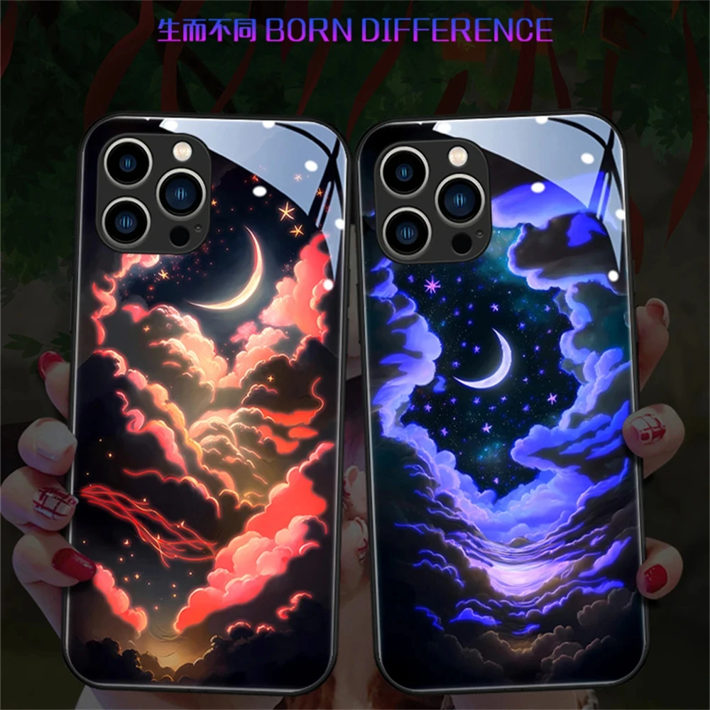 

Cute Clouds Sky LED Light Glow Luminous Tempered Glass Phone Case For Honor V40 60 70 80 90 Pro Huawei Nova 7 8 9 10 11