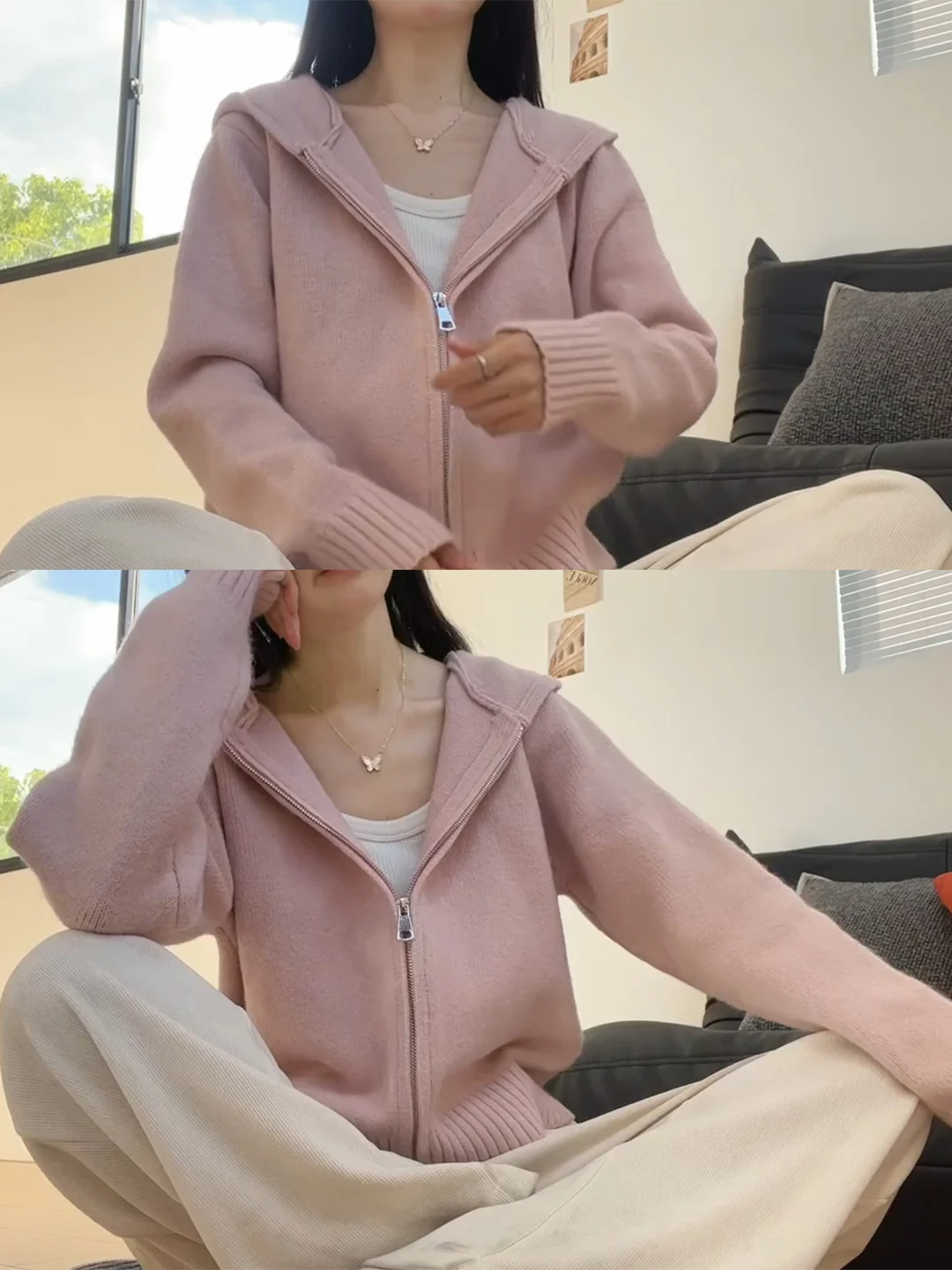 เสื้อสเวตเตอร์ถักมีฮู้ดสีชมพูสำหรับผู้หญิง ฤดูใบไม้ร่วง ฤดูหนาว ทรงหลวม นุ่ม สบาย เสื้อคลุมคาร์ดิแกนแบบมีซิป สไตล์ลำลอง