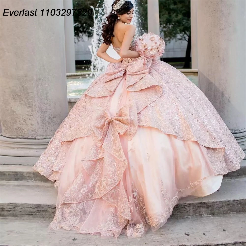 EVLAST Shiny Blush Pink Quinceanera Dress Ball Gown Sequins Applique Beading With Bow Corset Sweet 16 Vestido De 15 Anos TQD498