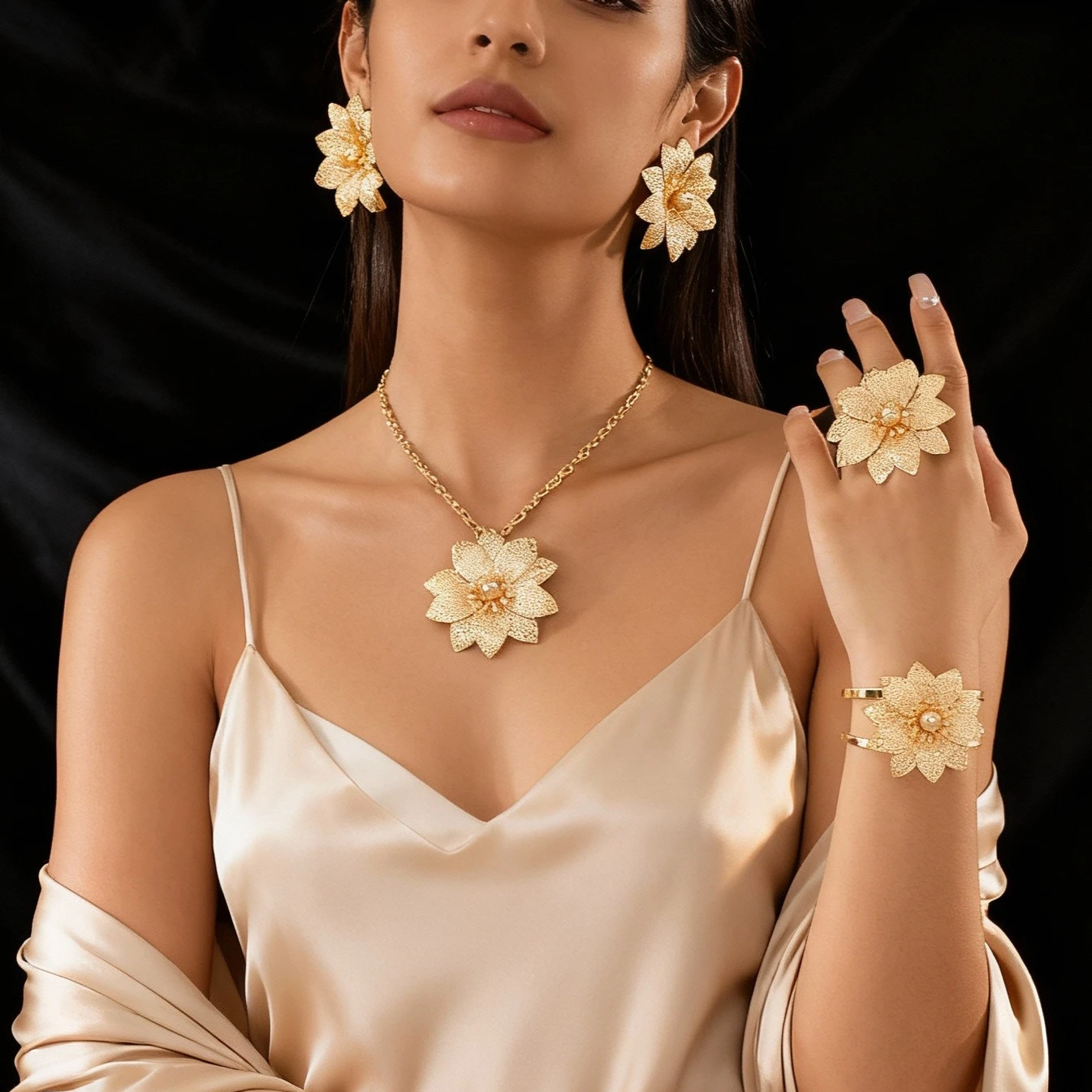 

5pcs Elegant Vintage Jewelry Set for Women Golden Temperament Flower Necklace Choker Bridal Wedding Bracelet Party Gift