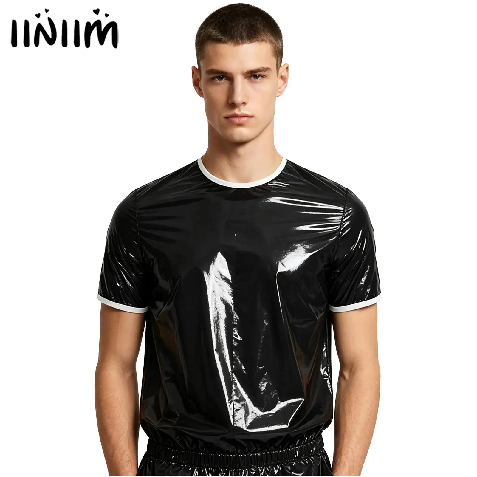 Wasserabweisendes T-Shirt für Herren, kurzärmelig, mit kontrastierendem Saum, Reißverschluss auf der Rückseite, Sauna-Sweat-T-Shirt, Wet-Look, Rave-Clubwear