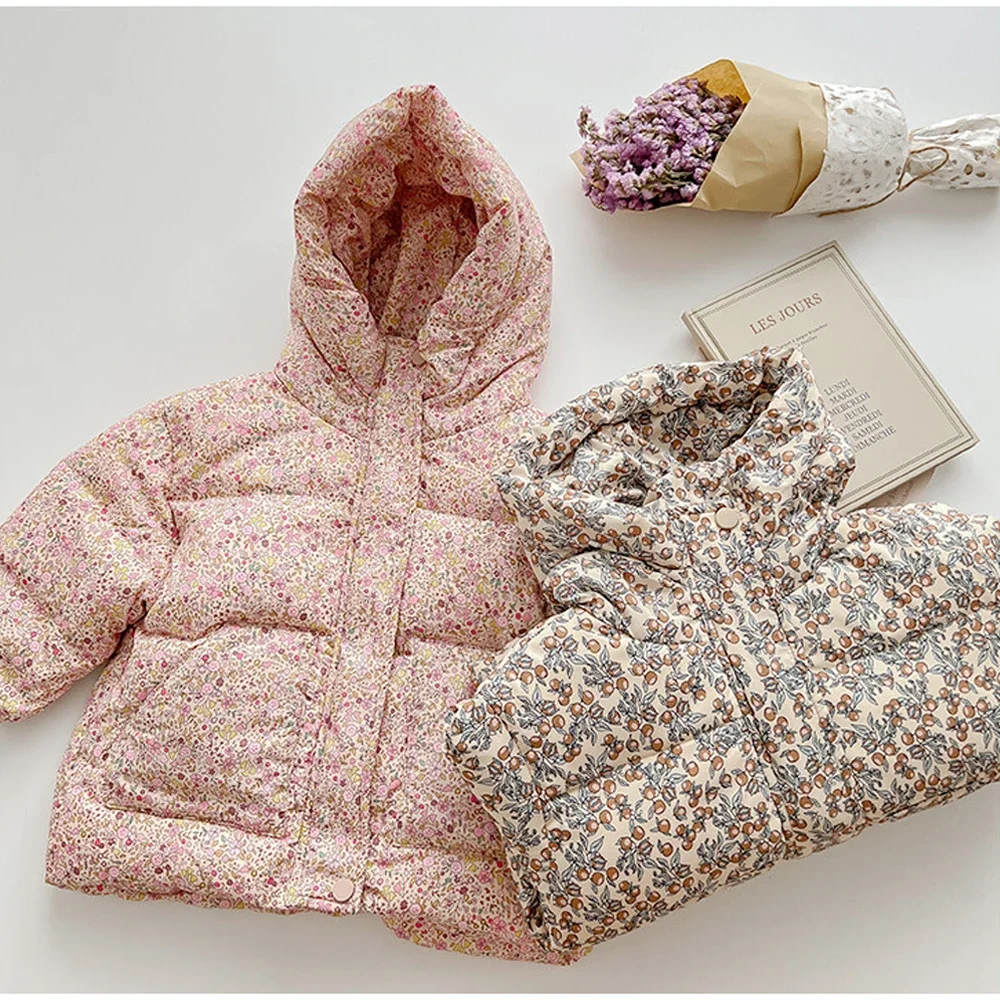 

Baby Girls Coat Thickened Down Jackets Warm Floral Outerwear Children's Hooded Parkas 2024 Winter Fashion Snowsuit