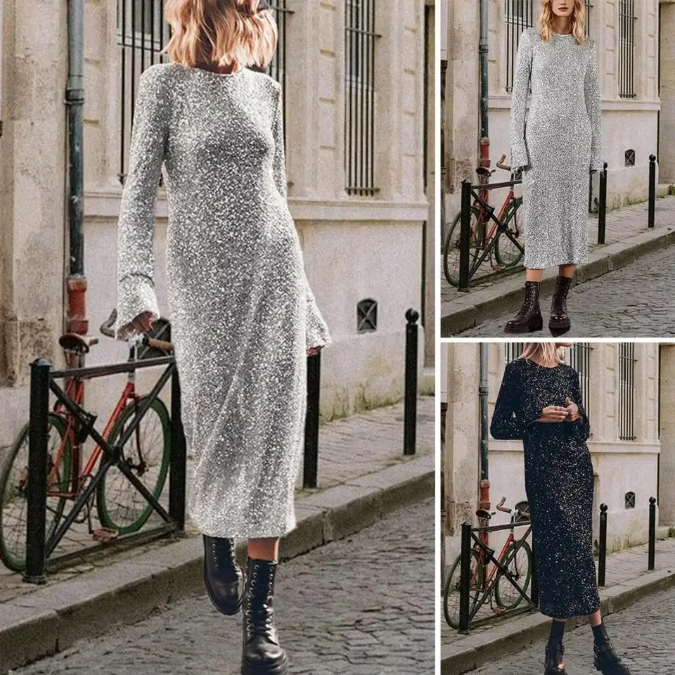 

Women Elegant Sequins Penicl Dresses Long Sleeves Formal Party Dress Large Size Womens Fashion Short O Collar New Midi Dress