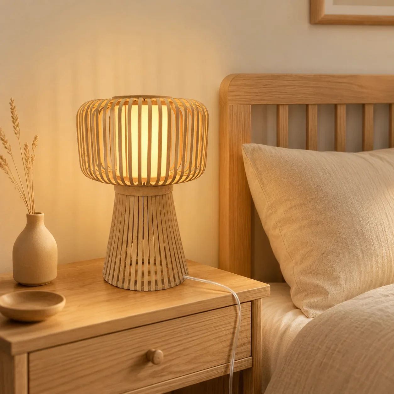 JOYINLED Rattan Table Lamp Vintage Wooden Small Bedside Lamp Bohemian Bamboo Woven Desk Lamp for Bedrooms Desks Children's Rooms