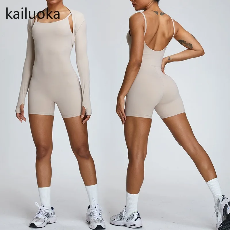 

Women's Nude Camisole Jumpsuit, Dance Fitness Tight Back Sports Jumpsuit, Long Sleeved Jacket+jumpsuit 2 Pieces