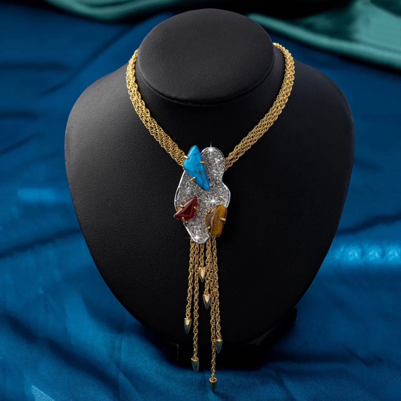 Genius Original Design Copper-plated Gold-plated Two-color Full Diamond Large Gemstone Tassel Necklace