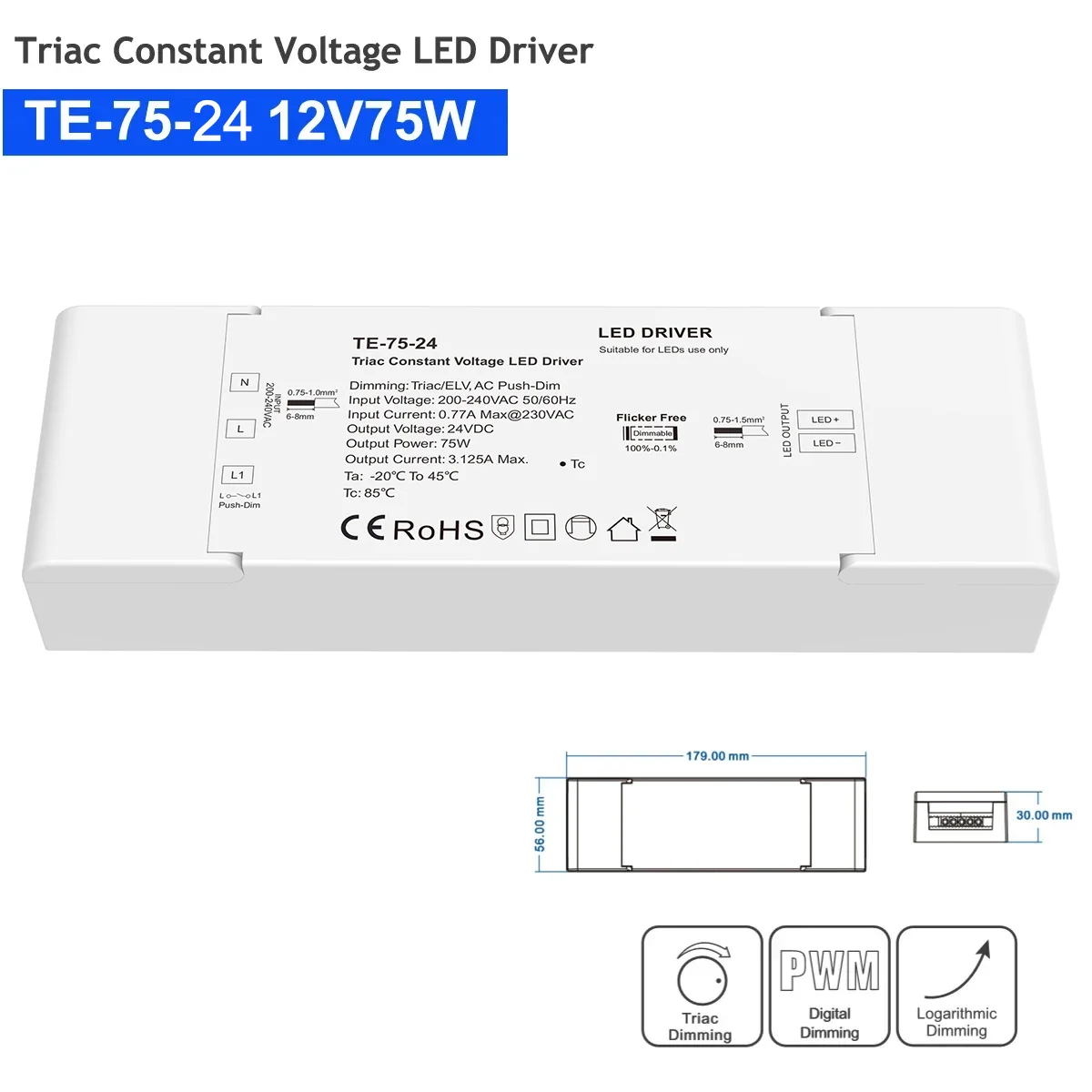 75 Вт, 12 В/24 В, триак, постоянное напряжение, светодиодный драйвер с регулируемой яркостью, ELV/AC, Push-dim, ШИМ, цифровое затемнение, безопасная защита для внутреннего светодиодного освещения