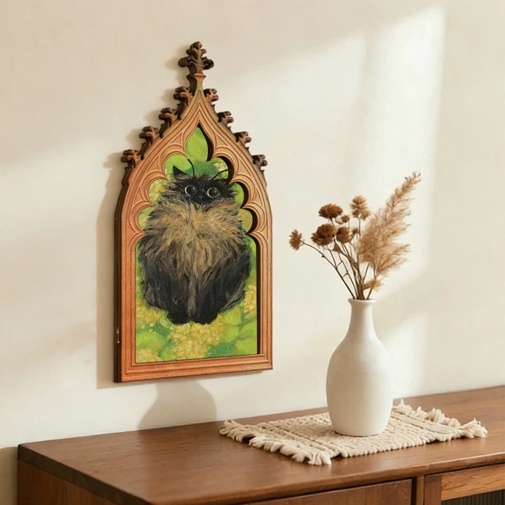 Cross-Border Gothic Church Window-Shaped Funny Cat Wooden Wall Plaque For Dark Retro Home Wall Decoration Scenario