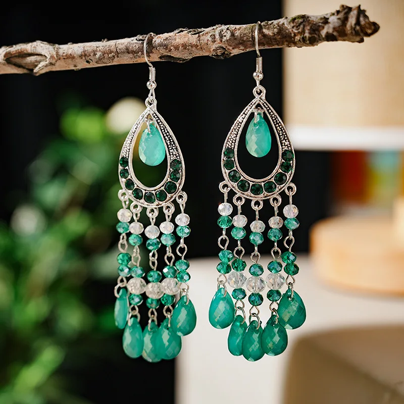 Bohemian Vintage Crystal Rhinestone Handmade Beads Tassel Long Drop Dangle Earring For Women Wedding Trendy Boho Jewelry Earings