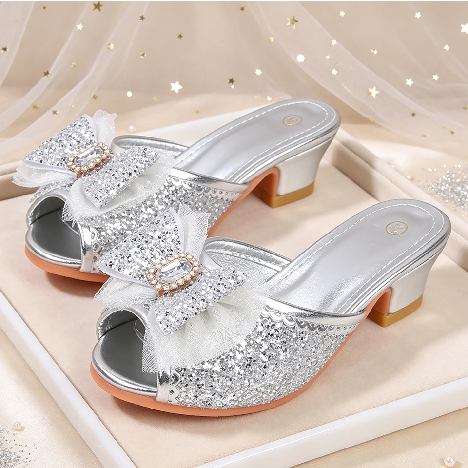 Fairy Little Girls Princess Slide Slippers Open Summer Children's Shiny Sequin Sandals Elegant Kids Toe Mid Block High Heel Shoe - view 2