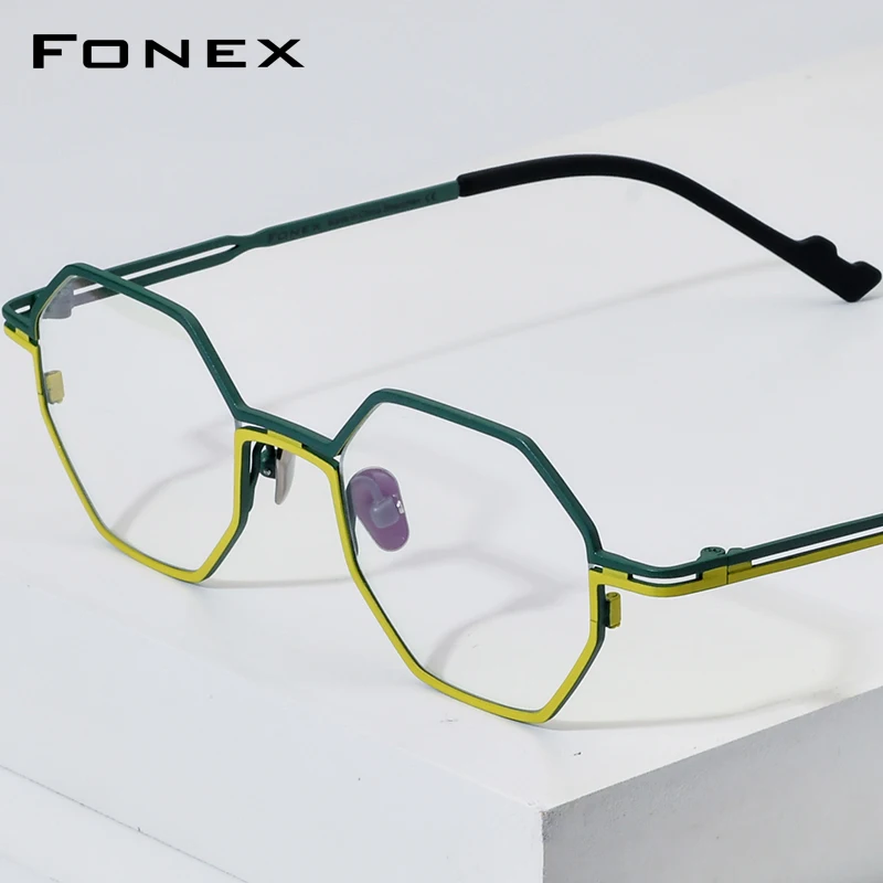 FONEX Pure Titanium Frame Eyeglasses Men New Brand Design Retro Polygon Round Glasses Women Ultralight Vintage Eyewear 85849