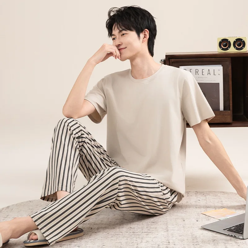 Pajamas Men Cotton Thin Short-Sleeved Two-Piece Suit Korean Version of the Loose Large Size Men Home Clothing with Letters