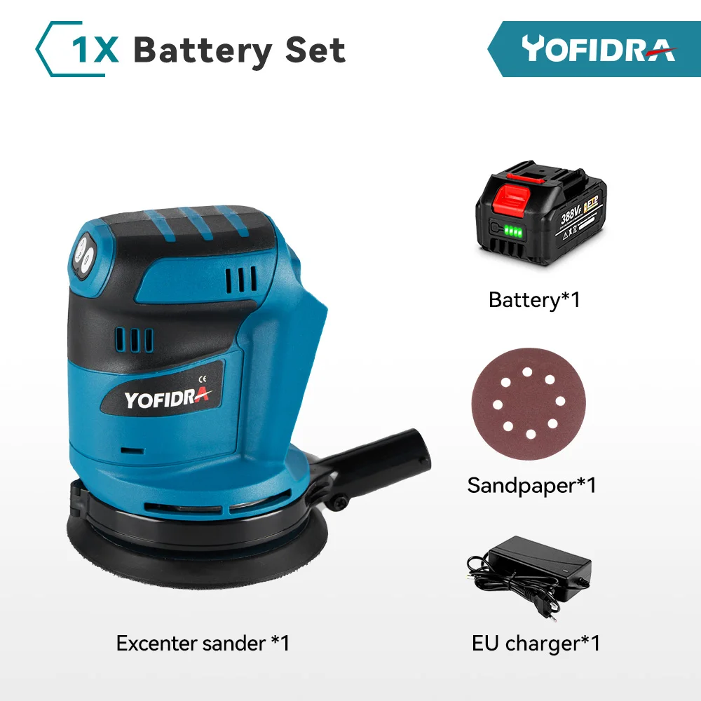 YOFIDRA Elektrische vlakschuurmachine 125 MM Draadloos slijpen Schuren Polijstmachine Houtbewerking Power Tool Voor Makita Batterij Pin