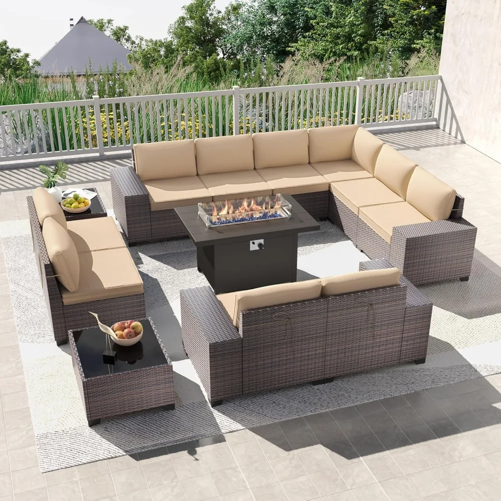 

13PCS Outdoor Garden Furniture Set with 43" 55000BTU Gas Propane Fire Pit Table PE Rattan Modular Sofa Garden Conversation Set